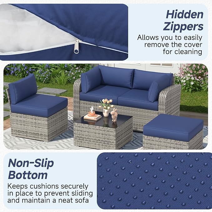 HOMREST Outdoor Replacement Cushions for Patio Furniture,Water-Repellent Sofa Cushion for 4-Seat Rattan Wicker Sectional Patio Conversation Sets,9-Piece Cushions Set for Outdoor Couch,Navy Blue