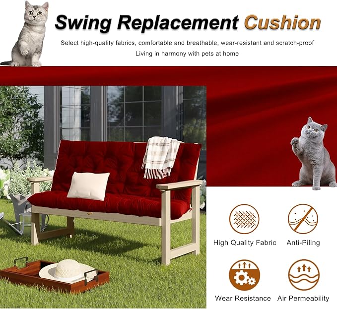 2-3 Seat Swing Replacement Cushion, Outdoor Bench Cushions with Backrest Thicken 4", Patio Furniture Garden Porch Loveseat Glider Pad Anti-Fading Waterproof (Red, 40x40in)