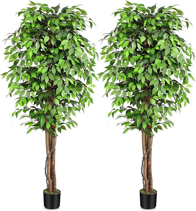 7ft Large Ficus Artificial Trees with Natural Curved Trunks, 84" Tall Lush Faux Tree for Home Decor Indoor, Green Lifelike Fake Ficus Tree Artificial Plants in Pot（Set of 2）