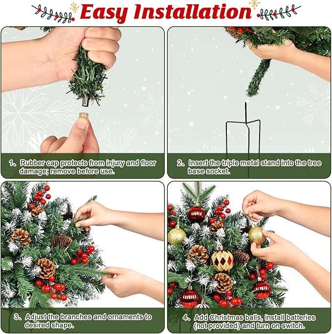 2 Pack Christmas Urn Filler, 24" Prelit Planter Bushes Outdoor Christmas Tree with 50 LED Lights, Pine Cones, Red Berries & Christmas Balls for Front Porch Pathway Yard Decorations