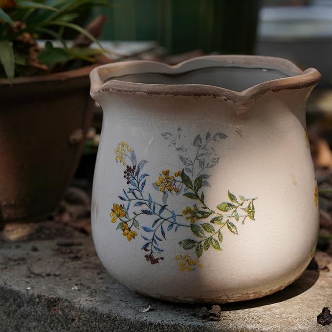 Rustic Ceramic Planter, 6 Inch Tuscan Vintage Flower Pot with Drainage, Farmhouse Garden Pot for Indoor Plants, Kitchen & Garden Tuscan Decor, Plant Lover Gift (Yellow)