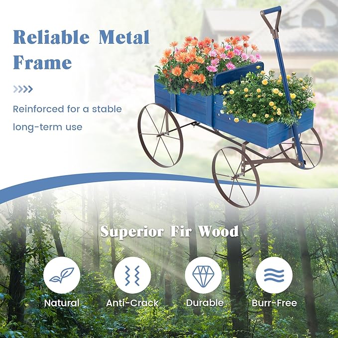 Wooden Wagon Planter with Wheels, Indoor/Outdoor Flower Cart w/Dual-Compartment & Adjustable Handle, Decorative Garden Planter for Home, Yard, Wedding (Blue)