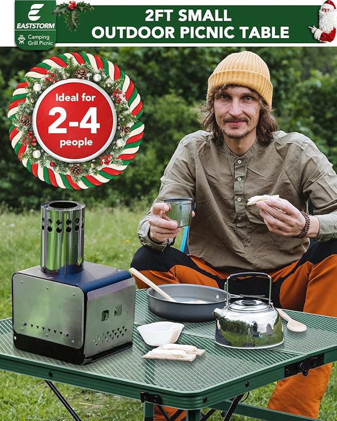 Square Folding Card Table with Adjustable Height (12" & 26"), Green Portable Metal Mesh Table for Camping, BBQ, Picnic, Game, Patio & Indoor Use, Fits 2–4 People, Lightweight 7.6 lb, Supports 66 lb