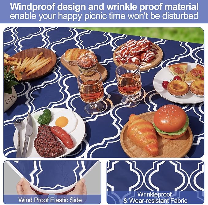 Picnic Table Cover with Bench Covers 6FT 3 Pcs Waterproof Windproof Aesthetic Camping Tablecloth with Drawstring Bag, Fitted for 6 Foot Rectangle Tables and Seats, 72 inch, Navy Blue Morocco