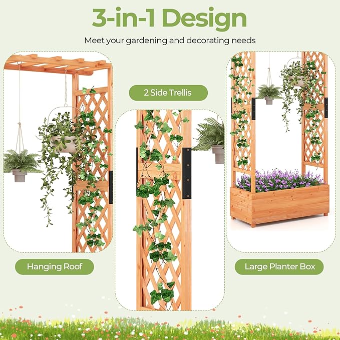 HAPPYGRILL 72" Raised Garden Bed with Trellis, 2 Pack Freestanding Wood Planter Box w/Hanging Roof & 2 Drainage Holes for Vine Climbing Plants Flowers, Outdoor Planter w/Trellis for Garden Patio