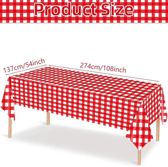 3 Pieces Red and White Checkered Plastic Tablecloth – 54x108 Inch Disposable Rectangle Gingham Table Covers for Picnic, BBQ, Summer Party, Italian Theme, Rustic Wedding and Outdoor Birthday Decoration