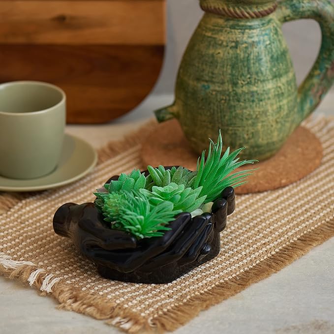 Hand Shaped Succulent Planter Pot - Crystal Display - Air Plant Holder - Giving Hands Sculpture Decor - Key Bowl Ring Dish - Candle Holder (Black)