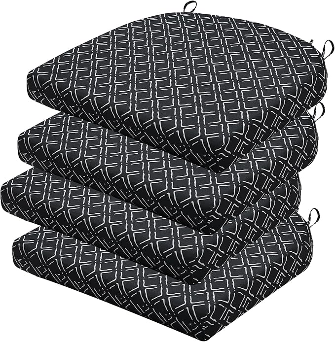 Outdoor Chair Cushions Set of 4, 17 x 16 Inch Patio Chair Cushions for Outdoor Furniture, Water Resistant, Non-Slip Ties (Black Geometry)