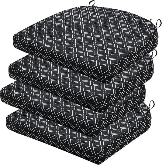 Outdoor Chair Cushions Set of 4, 17 x 16 Inch Patio Chair Cushions for Outdoor Furniture, Water Resistant, Non-Slip Ties (Black Geometry)
