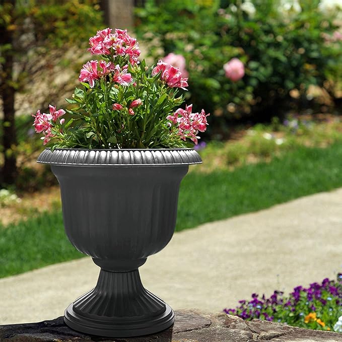 Southern Patio 14 Inch Large Outdoor Home Lightweight Plastic Utopian Urn Flower Planter Pot for Entryways and Backyard Patios, Stone