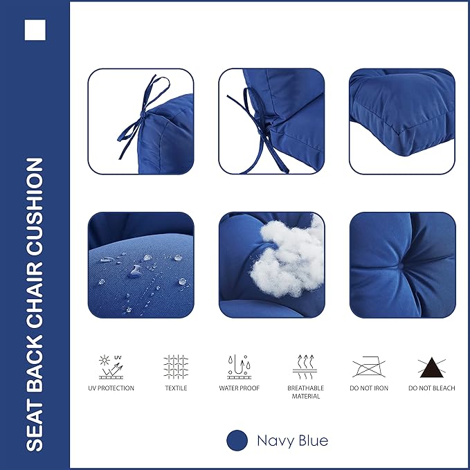 Outdoor Indoor Seat/Back Chair Tufted Cushion,All-Weather Patio Chair Cushion with Ties,for Patio Furniture,Navy Blue