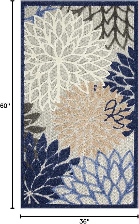 Nourison Home Aloha Indoor/Outdoor Blue/Multicolor 3' x 5' Area Rug, Tropical, Botanical, Easy Cleaning, Non Shedding, Bed Room, Living Room, Dining Room, Deck, Backyard, Patio (3x5)