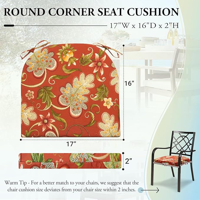 Wellsin Outdoor Chair Cushions for Patio Furniture - Patio Chair Cushions Set of 4 - Water Resistant Round Corner Outdoor Seat Cushions 17"X16"X2", Flower Red
