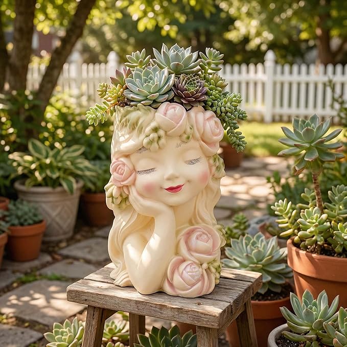 Decorative Garden Fairy Head Planter - Resin Flower Pot, Succulent Planter Holder, Tall Face Planters Pots, Phrenology Head Bust, Unique Planter Pot Sculpture, Elegant Home & Patio Decor