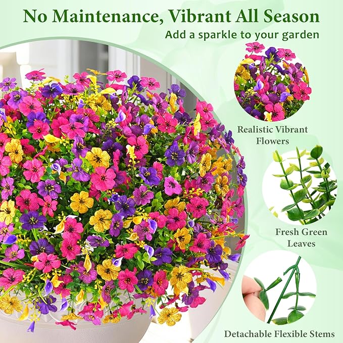 BLEUM CADE Artificial Flowers for Outdoors, 24 Bundles Faux Plants Outdoor Artificial Flowers for Decoration, UV Resistant Fake Flowers Artificial Plants & Flowers for Outdoors Garden Decor