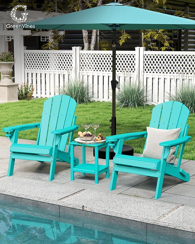 GREENVINES Folding-Adirondack-Chair | HDPE Plastic | Fire Pit Chairs | All Weather | Cup Holder | Aqua | for Deck Backyard Patio Outdoor Garden