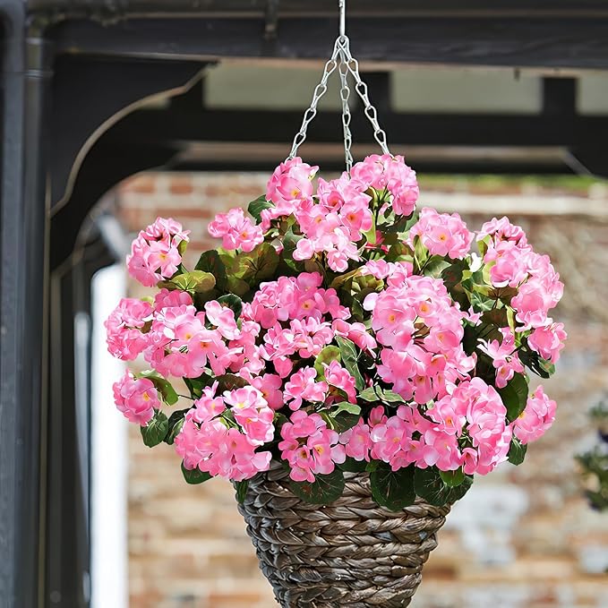 famibay Artificial Flowers for Outdoor Indoor Garden Home Decoration, 8 Bundles Silk Geraniums UV Resistant Look Real Faux Plants for Front Door Porch Planter Urn Patio Garden,Pink