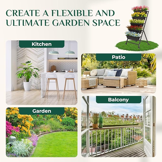 IDZO 5-Tier Vertical Raised Garden Bed with 4 Lockable Caster Wheels, Sturdy Steel Vertical Garden Planter with Efficient Drainage Tray, Ergonomic Ladder Planter with Included Garden Tools, 52", Black