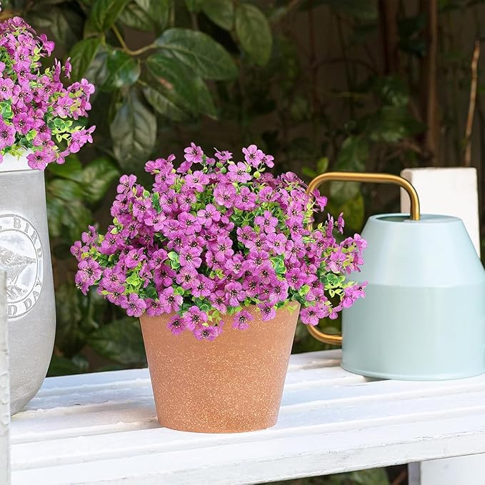 Artificial Flowers Outdoor Faux Plants UV Resistant Fake Patio Flowers Plastic Greenery Plnats Outside Bulk for Spring Garden Hanging Planter Home Vase Decor, 24 Bundles (Purple)