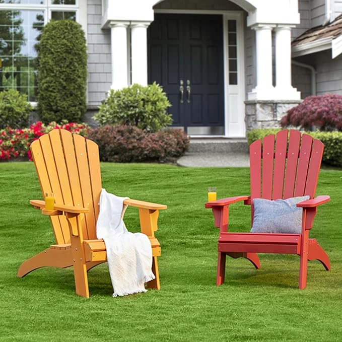 Psilvam Adirondack Chair, Oversized Poly Lumber Fire Pit Chair with Cup Holder, 350Lbs Support Patio Chairs for Garden, Weather Resistant Adirondack Chair Looks Like Real Wood (4, Orange)