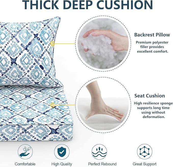 Outdoor Deep Seat Cushion Set, Water Repellent 24"x24" Patio Thick Cushions Replacement with Seat & Back Pillow for Patio Sofa, Wicker Chair, Couch - Boho Geometry Blue