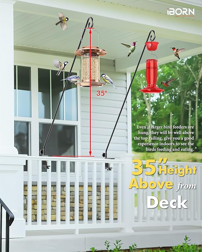 iBorn 40 Inch Deck Hook for Bird Feeder Outdoors Hanging, Hummingbird Feeder Hanger for Deck Railing, Squirrel Proof Shepherd Hook, Rotatable for Refilling, Wrought Iron Solid Wire, Pack of 2, Black