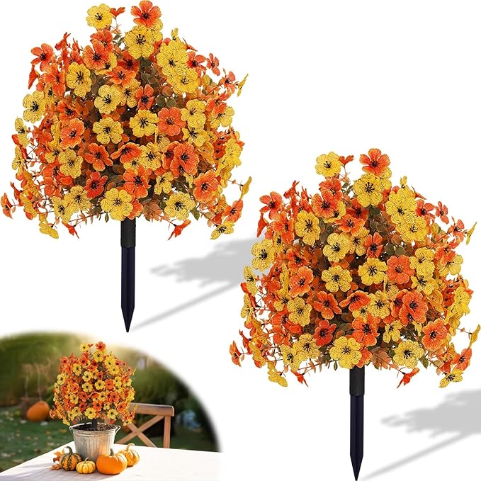 Outdoor Fall Artificial Flowers - 2 Pack Topiary Flower Balls with Ground Stakes, UV Resistant Orange and Yellow Fake Flower Bushes for Porch, Garden and Thanksgiving Decoration