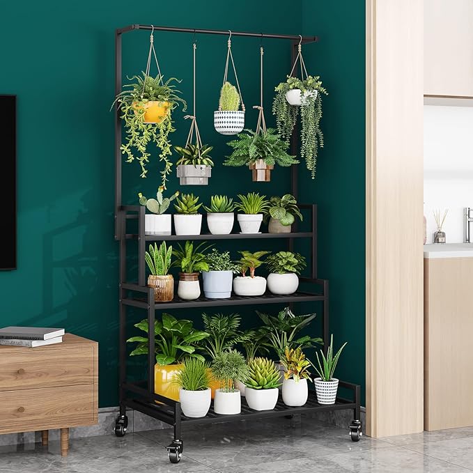 YIZAJIA Plant Stand Indoor 3 Tier Metal Outdoor Tiered Stands Shelf With wheel for Multiple Plants Potted Ladder Plant Holder Table Plant Pot Stand for Window Garden Balcony Living Room (3 Tier-Black with Hanger)