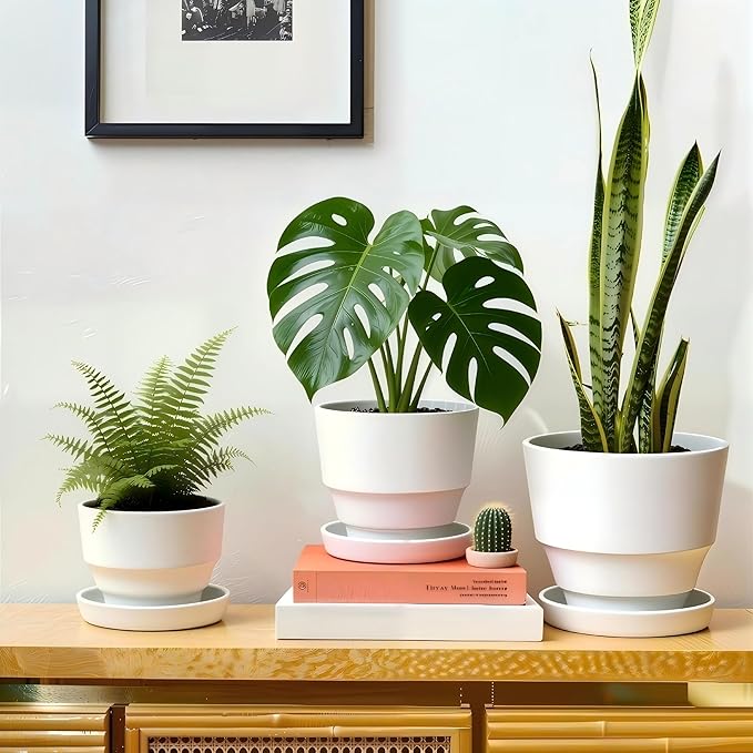 Bamworld Plant Pots Planters for Indoor Plants Flower Pots with Drainage Holes 3.5/4.9/6.3 Inch Set of 3 Plastic Planters for Outdoor Plants Garden Office Room Home Decor Textured White