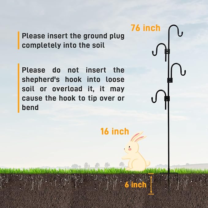 Shepards Hooks for Outdoor Adjustable Bird Feeder Pole with 5 Base Prongs 76 Inch Heavy Duty Garden Hanging Holder for Lanterns, Solar Lights, Bird Feeder, Wedding, Planter Pot-4 Hooks