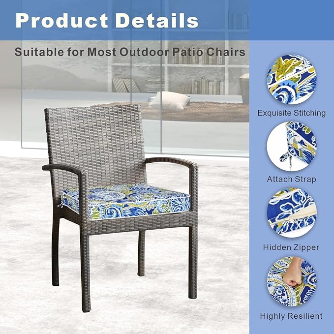 Outdoor Chair Cushions 19 x 19 Inch Set of 2 Water Resistant Seat Cushions with Ties, Outdoor Cushions for Patio Furniture with 3-Year Fade Resistant