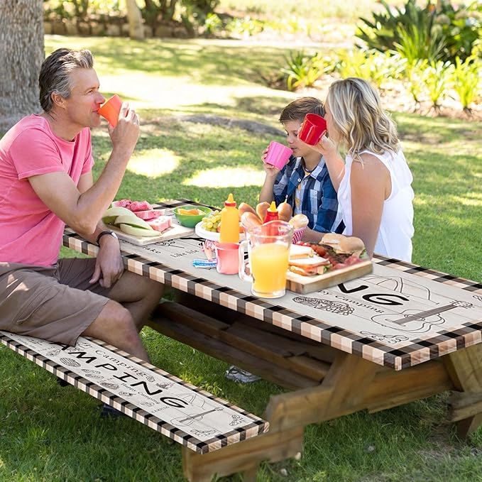 Picnic Table Cover with Bench Covers Elastic Edges, Green Camper Fitted Table Cover, Outdoor Patio Camping Essentials 72 Inch 3PCS, Waterproof Camping Fitted Tablecloth with Drawstring Bag