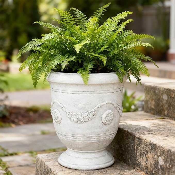 Planters for Indoor & Outdoor Plants, 16.5 Inch Large Magnesium Oxide Urn Planter with Drainage Hole, Decorative Unique Garden Plant Pots for Front Porch & Home Decor, Lightweight, White