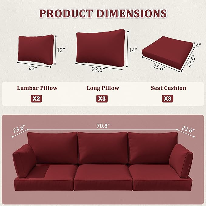 8-Piece Outdoor Cushions for Patio Furniture Thick Outdoor Chair Cushions Resilient Foam Waterproof Deep Seat Cushion Replacement for 3-Seat Sectional Sets Liner&Cover Burgundy