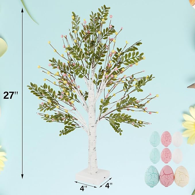 DR.DUDU 27 Inch Easter Decorations for Home – 2 Pack Lighted Easter Trees, Light Up Birch Trees with Easter Egg, Tabletop Spring Decor for Mantel Indoor Office