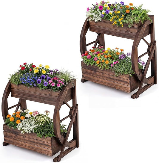 Giantex Wooden Wagon Planter Box, 2-Tier Garden Planter with Drainage Holes for Flowers Herbs Vegetables, Indoor Outdoor Decorative Planter Container for Patio Garden Balcony (2)