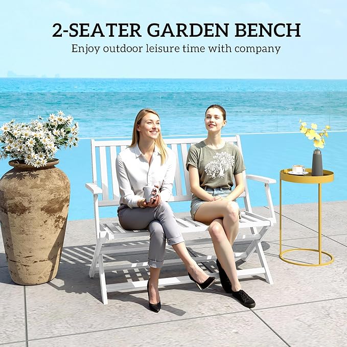 Outsunny Wood Outdoor Bench, 2-Person Foldable Patio Acacia Wood Garden Bench with Backrest and Armrests for Garden, Porch, Park, Balcony, White