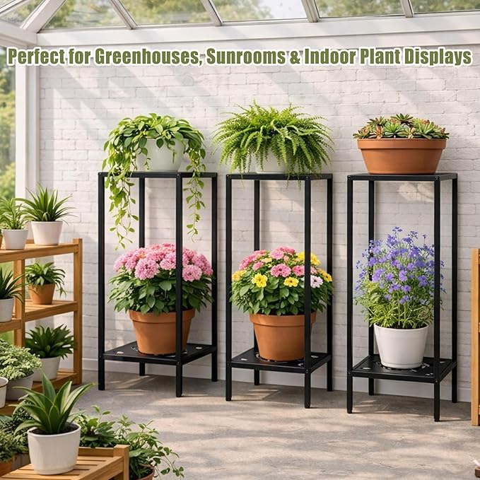 Party Zealot 2-Tier Tall Metal Square Plant Stand Heavy-Duty Modern Flower Pot Rack for Indoor Living Room, Corner Side Table for Outdoor Patio, Garden, and Balcony Black, 12" D x 31" H
