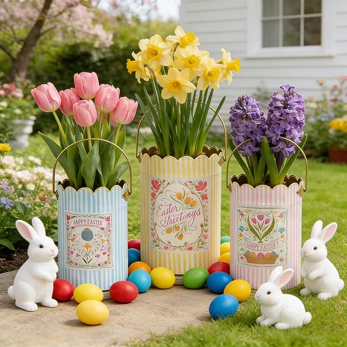 Set of 3 Vintage Floral Metal Bucket, Multi-Size Planters for Flowers & Easter Egg Containers, Rustic Garden & Home Decor