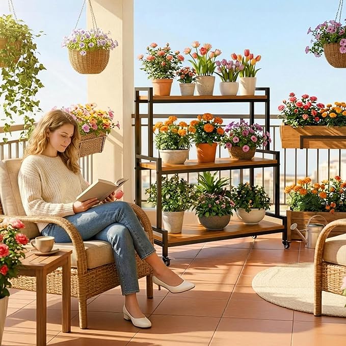 Flower Cart Display Stand with Wheels - Solid Wooden Plant Stand Shelf Outdoor - 3 Tier Patio Rolling Flower Stand - Ladder Folwer Holder Stand 37''x31'' for Florist, Garden, Wedding, Living Room, Burnt Yellow