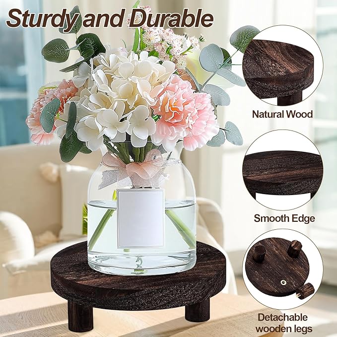 3 Pcs Wood Plant Stand Indoor Outdoor, Wooden Stool Display Stand 5/6/8" Round Riser Flower Pot Holder with Raised Edge Small Planter Tray Modern Potter Decorative for Garden Desktop Home Table Counter Room (Dark Brown)