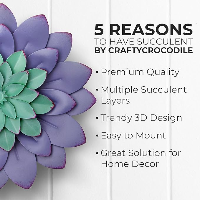 Everydecor Succulent Metal Flowers Wall Decor – Purple, Hand Painted, 3D Flower Art Decoration for Living Room, Bedroom, Kitchen, Bathroom - Floral Decor for Indoor & Outdoor Use
