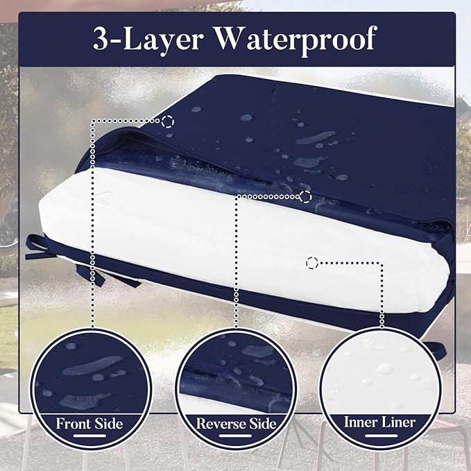Basic Beyond Outdoor Chair Cushions for Patio Furniture, Waterproof Outdoor Seat Cushions Set of 4 19 x 19, Patio Chair Cushions Set of 4 with Ties and Handle, Navy Blue/White