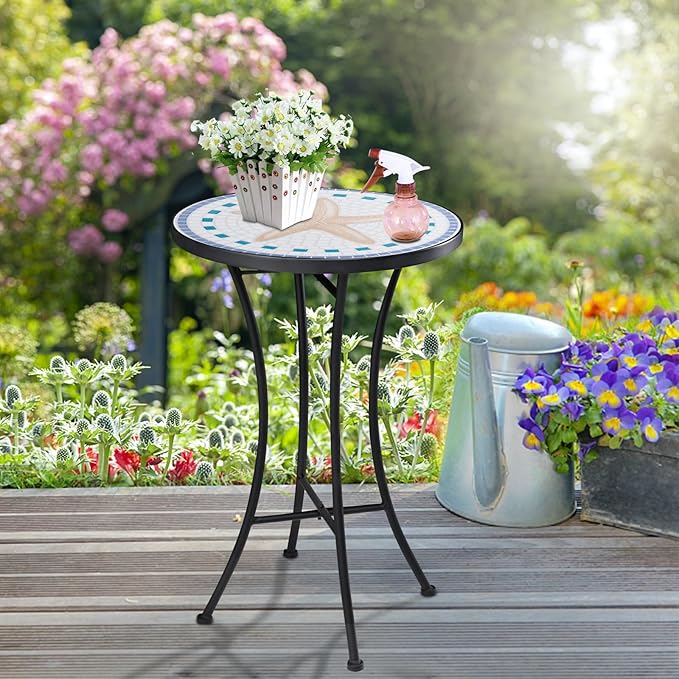 Vipush Mosaic Outdoor Side Table, 14" Round Folding Plant Stand for Patio Garden Backyard Balcony Porch Indoor Accent End Table for Living Room, Ceramic Tabletop with Black Iron, Starfish