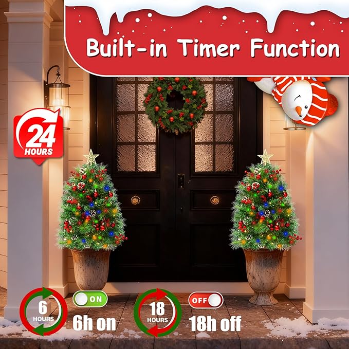 JOYHALO 2 Pack 32 Inch Outdoor Porch Christmas Tree with 50 Lights in Warm White and Multicolor, Prelit Artificial Christmas Tree Urn Filler with PVC&PET Branches for Pathway Entryway Decorations