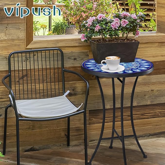 Vipush Mosaic Outdoor Side Table, 14" Round Folding Plant Stand for Patio Garden Backyard Balcony Porch Indoor Accent End Table for Living Room, Ceramic Tabletop with Black Iron, Blue Feather
