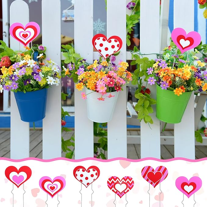 12 Pcs Valentine‘s Day Heart Planter Stakes Valentine Decorative Garden Stake Decor Pink Red White Heart Stake Sign for Patio Lawn Yard Planter Pot Pathway Anniversary Wedding Decor