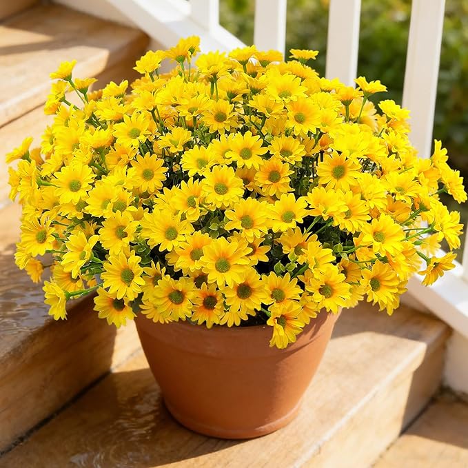 16 Bundles Silk Daisy Artificial Flowers for Outdoors UV Resistant Fake Daisies Plastic Plants Flower for Home Outside Front Door Porch Garden Patio Planters Decoration (Yellow)