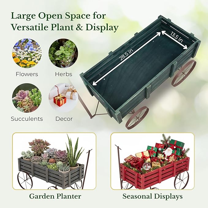 Shine Company Decorative Buckboard Wagon Garden Planter, Wooden Wagon Yard Décor for Outdoor Plants, Green
