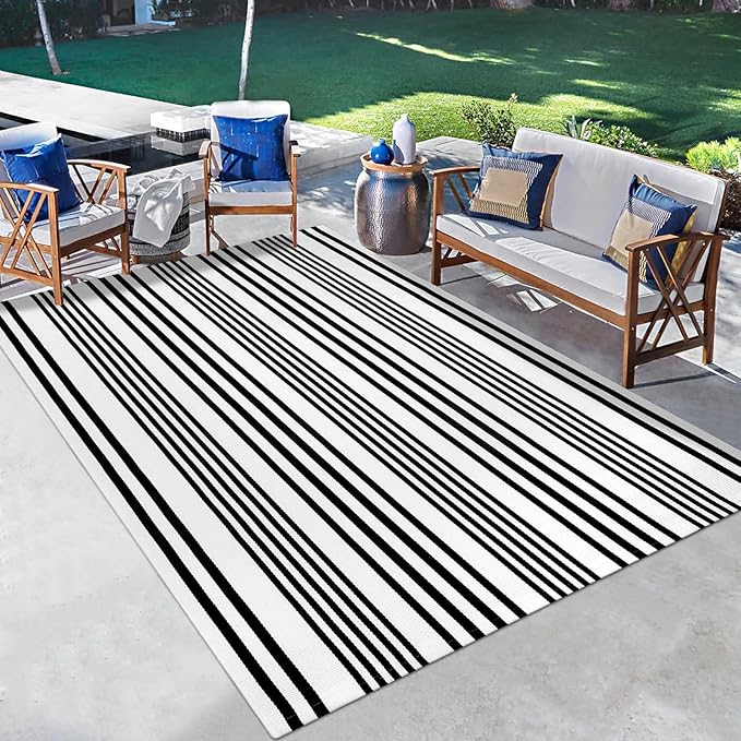 OJIA Outdoor Area Rug 4'x6', Black and White Outdoor Rug Machine Washable Patio Rugs Cotton Hand Woven Door Mats Indoor Outdoor Striped Rugs for Front Porch/Deck/Backyard/Balcony/Home Decor